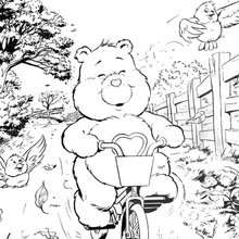 Tenderheart Bear with bicycle coloring page - Coloring page - CHARACTERS coloring pages - TV SERIES CHARACTERS coloring pages - CARE BEARS coloring pages - TENDERHEART BEAR coloring pages