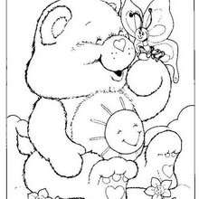 Funshine Bear with a butterfly coloring page - Coloring page - CHARACTERS coloring pages - TV SERIES CHARACTERS coloring pages - CARE BEARS coloring pages - FUNSHINE BEAR