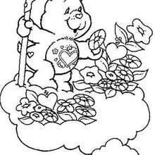 Tenderheart Bear with flowers coloring page - Coloring page - CHARACTERS coloring pages - TV SERIES CHARACTERS coloring pages - CARE BEARS coloring pages - TENDERHEART BEAR coloring pages