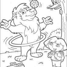 Juggling lion and Dora coloring page