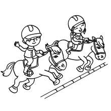 Kids on jumping horses coloring page