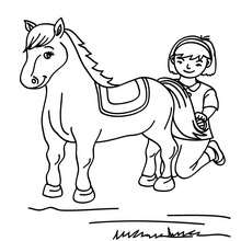 Girl brushing her horse coloring page