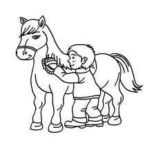 Boy brushing his horse coloring page