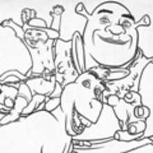 Desenho do Shrek, do Burro e do Gato de Botas para colorir