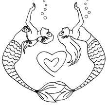 Mermaid couple drawing a heart coloring page - Coloring page - FANTASY coloring pages - MERMAID coloring pages - Mermaid in love coloring pages