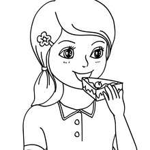 Girl eating a birthday cake coloring page