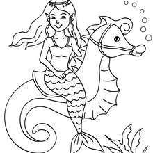 Mermaid on seahorseback coloring page - Coloring page - FANTASY coloring pages - MERMAID coloring pages - Mermaid and sea creatures coloring pages