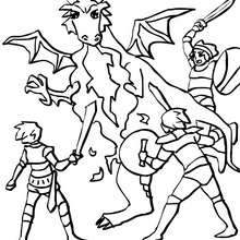 Dragon against knights coloring page - Coloring page - FANTASY coloring pages - DRAGON coloring pages - DRAGON AND KNIGHT coloring pages