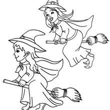 Funny witches racing on their broom coloring page - Coloring page - HOLIDAY coloring pages - HALLOWEEN coloring pages - HALLOWEEN WITCH coloring pages - WITCH ON BROOMSTICK coloring pages