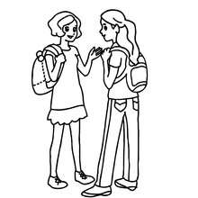 Girls speaking in the school yard coloring page