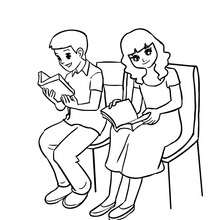 Pupils reading a book in the classsroom coloring page