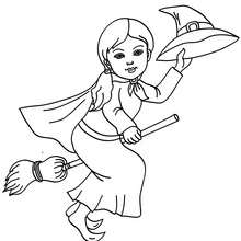 Enchanteress rides a broomstick coloring page