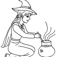 Funny witch preparing a magical potion coloring page - Coloring page - HOLIDAY coloring pages - HALLOWEEN coloring pages - HALLOWEEN WITCH coloring pages - WITCH POTION coloring pages