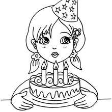 Girl blowing her birthday cake candles coloring page - Coloring page - BIRTHDAY coloring pages - Girl´s birthday party coloring pages