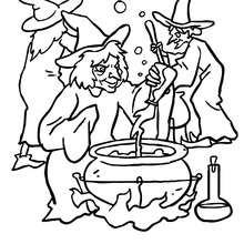 Group of witches preparing a malefic potion coloring page - Coloring page - HOLIDAY coloring pages - HALLOWEEN coloring pages - HALLOWEEN WITCH coloring pages - WITCH POTION coloring pages