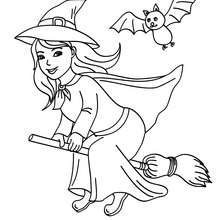 Happy witch flying on her broom coloring page - Coloring page - HOLIDAY coloring pages - HALLOWEEN coloring pages - HALLOWEEN WITCH coloring pages - WITCH ON BROOMSTICK coloring pages