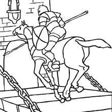 Knight on horseback running on a drawbridge coloring page