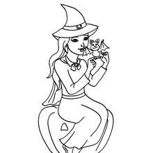 Young witch & baby bat coloring page