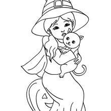 Lovely witch with a cat coloring page - Coloring page - HOLIDAY coloring pages - HALLOWEEN coloring pages - HALLOWEEN WITCH coloring pages - LOVELY WITCH coloring pages