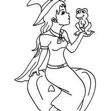 Enchanted witch kisses a frog coloring page