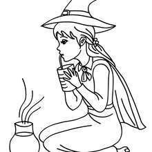 Lovely witch testing a potion coloring page - Coloring page - HOLIDAY coloring pages - HALLOWEEN coloring pages - HALLOWEEN WITCH coloring pages - LOVELY WITCH coloring pages