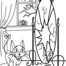 Black cat and halloween mirror coloring page - Coloring page - HOLIDAY coloring pages - HALLOWEEN coloring pages - BLACK CAT coloring pages