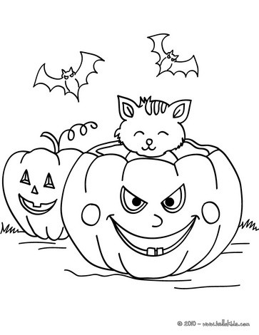 Pumpkin with bats and cats coloring pages - Hellokids.com