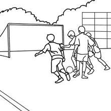 Kids playing soccer in the school yard coloring page