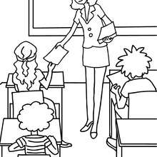 Teacher distributing sheets to the pupils coloring page