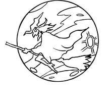 Witch flying under the moonlight coloring page - Coloring page - HOLIDAY coloring pages - HALLOWEEN coloring pages - HALLOWEEN WITCH coloring pages - WITCH ON BROOMSTICK coloring pages
