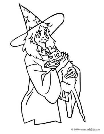 Witch hugs a kitten coloring pages - Hellokids.com