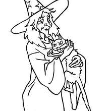 Witch hugs a kitten coloring page