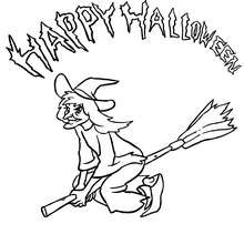 Happy halloween witch on her broom coloring page - Coloring page - HOLIDAY coloring pages - HALLOWEEN coloring pages - HALLOWEEN CHARACTERS coloring pages