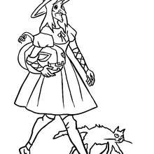 Sorceress, black cat and pumpkin coloring page