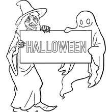 Happy halloween witch with gost coloring page - Coloring page - HOLIDAY coloring pages - HALLOWEEN coloring pages - HALLOWEEN CHARACTERS coloring pages