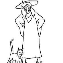 Witch with black kitten coloring page