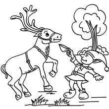 Christmas elf feeding a reindeer coloring page - Coloring page - HOLIDAY coloring pages - CHRISTMAS coloring pages - CHRISTMAS ELVES coloring pages - XMAS ELF coloring pages