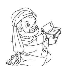 Caspar giving a gift to Jesus coloring page - Coloring page - HOLIDAY coloring pages - CHRISTMAS coloring pages - THREE WISE MEN coloring pages - Caspar coloring pages