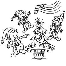 Christmas elves dancing coloring page - Coloring page - HOLIDAY coloring pages - CHRISTMAS coloring pages - CHRISTMAS ELVES coloring pages - XMAS ELF coloring pages