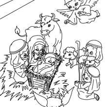 Holy family in the creche coloring page - Coloring page - HOLIDAY coloring pages - CHRISTMAS coloring pages - NATIVITY coloring pages - HOLY FAMILY coloring pages