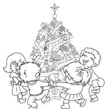 Xmas tree with kids around coloring page - Coloring page - HOLIDAY coloring pages - CHRISTMAS coloring pages - CHRISTMAS TREE coloring pages - XMAS TREE coloring pages