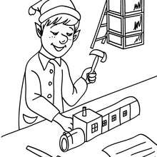 Christmas elves manufacturing wood trains in the santa claus factory coloring page - Coloring page - HOLIDAY coloring pages - CHRISTMAS coloring pages - CHRISTMAS ELVES coloring pages