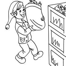 Christmas elves storing christmas gifts in the santa claus warehouse coloring page - Coloring page - HOLIDAY coloring pages - CHRISTMAS coloring pages - CHRISTMAS ELVES coloring pages