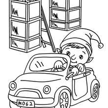 Christmas elf driving a kid car in the Santa Claus factory coloring page - Coloring page - HOLIDAY coloring pages - CHRISTMAS coloring pages - CHRISTMAS ELVES coloring pages