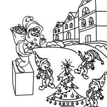 Group of elves playing in the santa claus city yard coloring page - Coloring page - HOLIDAY coloring pages - CHRISTMAS coloring pages - CHRISTMAS ELVES coloring pages