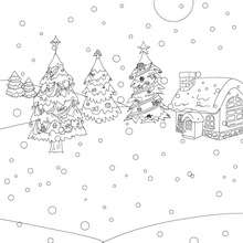 Snowing christmas landscape coloreing page - Coloring page - HOLIDAY coloring pages - CHRISTMAS coloring pages - CHRISTMAS TREE coloring pages - CHRISTMAS TREE IDEAS coloring page