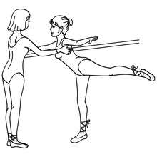 Ballet class with teacher teaching a dancer how to do an arabesque at the barre coloring page - Coloring page - SPORT coloring pages - DANCE coloring pages - BALLET DANCE SCHOOL coloring pages