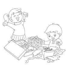 Kids opening their gifts coloring page - Coloring page - HOLIDAY coloring pages - CHRISTMAS coloring pages - CHRISTMAS SCENES coloring pages