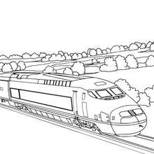 High speed train travelling in a country landscape coloring page