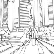 High speed train travelling in the middle of building and skycrapers coloring page - Coloring page - TRANSPORTATION coloring pages - TRAIN coloring pages